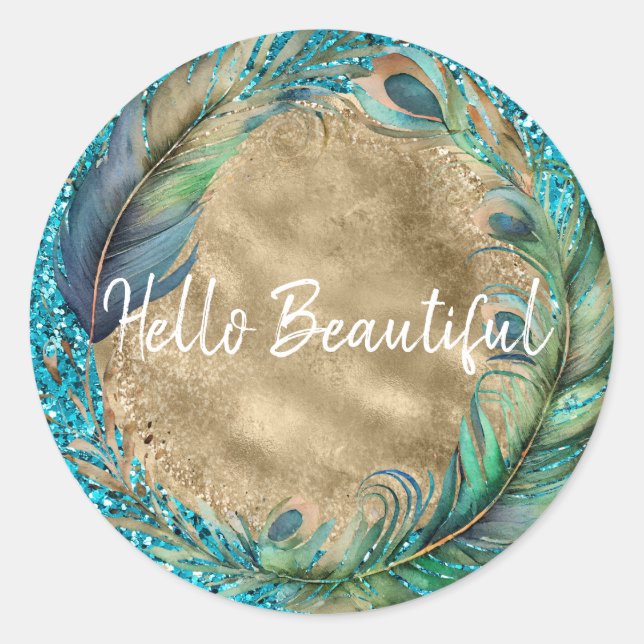 Sticker Rond Plumes de paon Parties scintillant bleu turquoise (Devant)