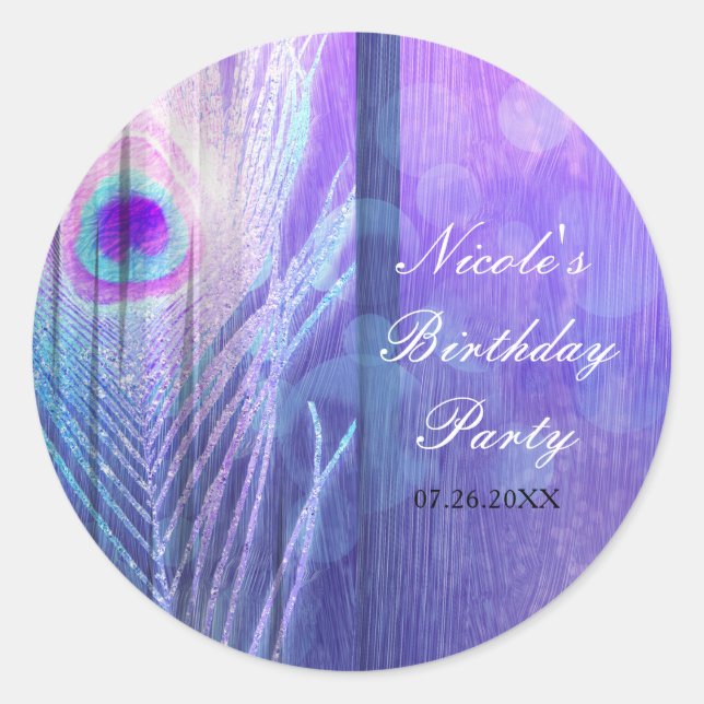 Sticker Rond Plumes de paon violet Glam Boho Party Favoriser (Devant)