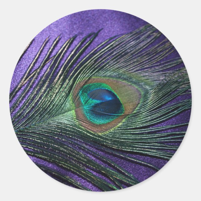 Sticker Rond Plumes de paon violet soyeux (Devant)