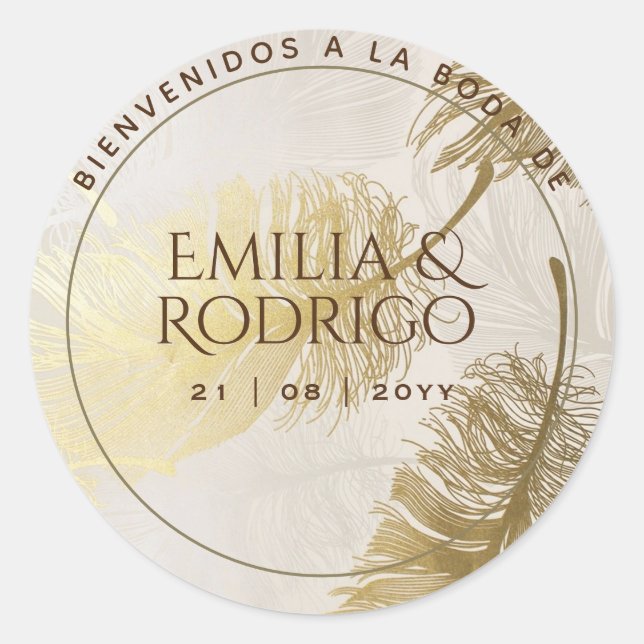 Sticker Rond Plumes d'or Boda Espagnol Bienvenue Mariage Faveur (Devant)