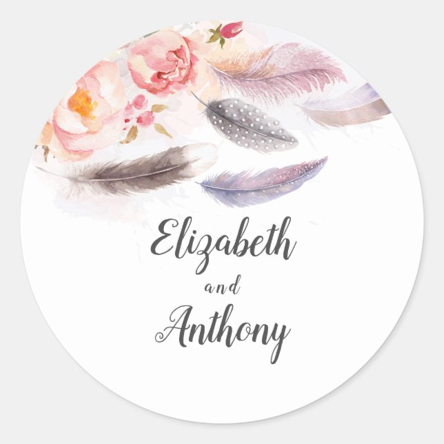 Sticker Rond Plumes florales Elégant Boho (Devant)