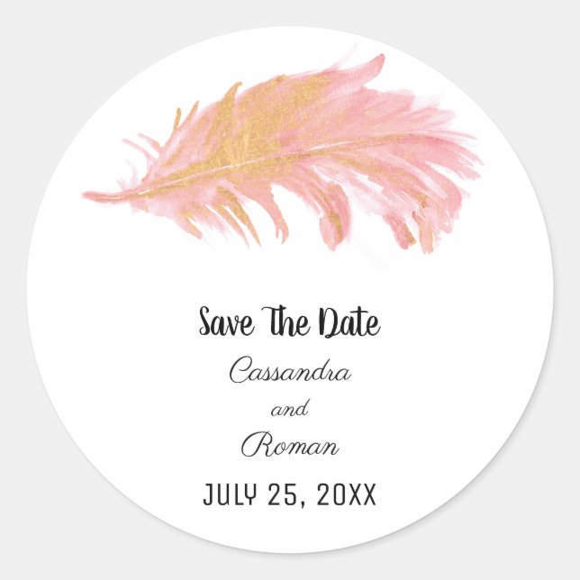 Sticker Rond Plumes rose et or Enregistrer la date (Devant)