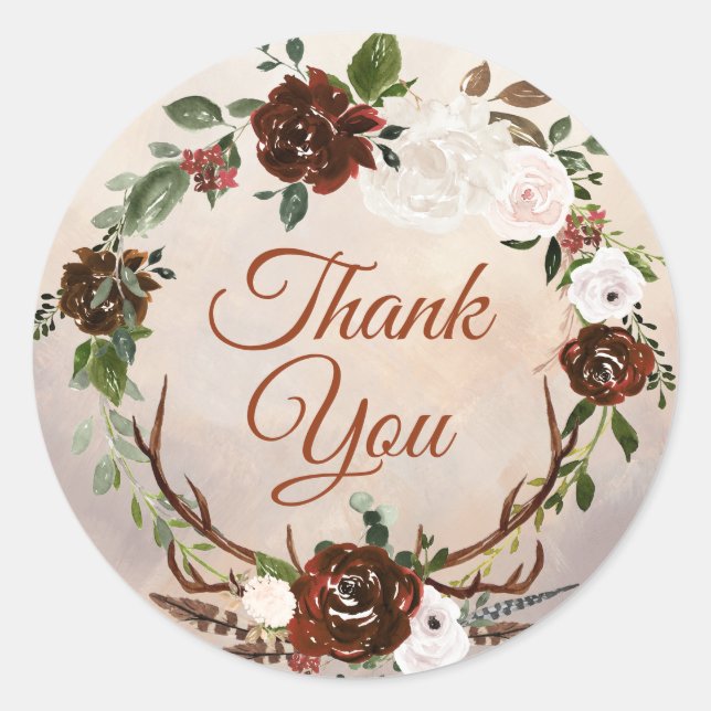 Sticker Rond Plumes rustiques de bois et fleurs florales (Devant)