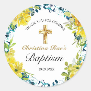 Sticker Rond Plutôt jaune Floral Croix or Merci Baptême