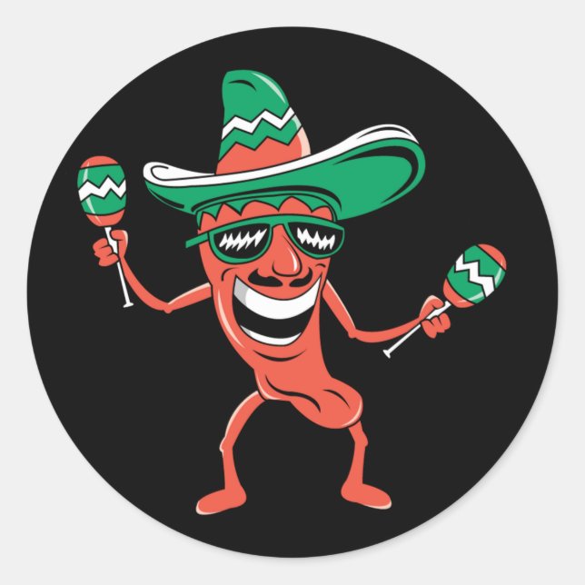 Sticker Rond Poepper de fête à Sombrero avec Maracas (Devant)