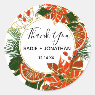 Sticker Rond Poinsettia Citrus Gold Merci de mariage d'hiver