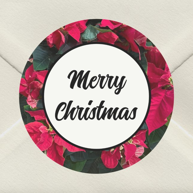Sticker Rond Poinsettia Elegant Texte noir Joyeux Noël (Créateur téléchargé)