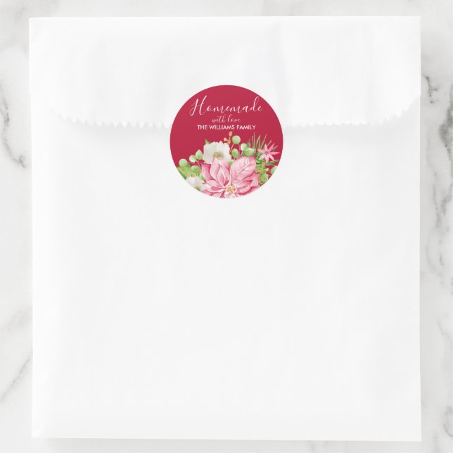 Sticker Rond Poinsettia fait maison avec amour petit Noël (Sac)