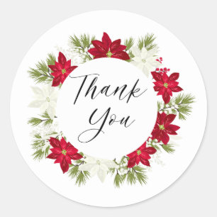 Sticker Rond Poinsettia Fleur et Merci rond de pin