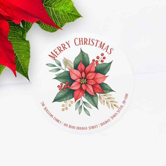 Sticker Rond Poinsettia Green Red Berries Adresse de Noël (Créateur téléchargé)