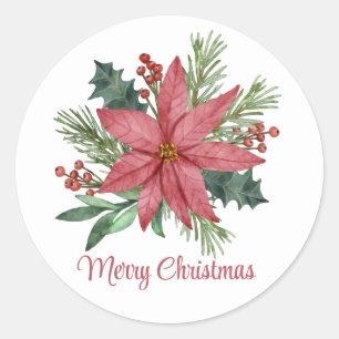 Sticker Rond Poinsettia hiver Rouge Floral Joyeux Noël