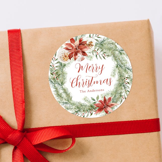 Sticker Rond Poinsettias et verdure élégants (Créateur téléchargé)