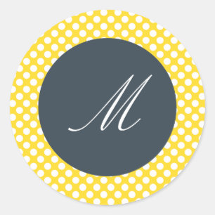 Sticker Rond Point de polka monogramme blanc, jaune et charbon 