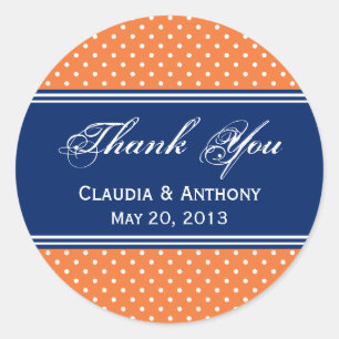 Sticker Rond Pointe Polka blanche orange avec Bleu Royal