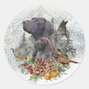 Sticker Rond Pointeur à poils courts allemand en hiver