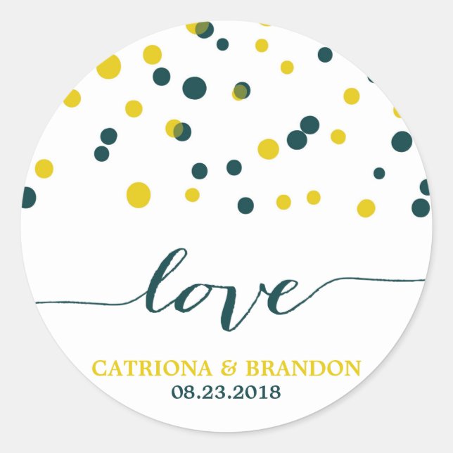 Sticker Rond Points Confetti turquoises et jaunes Amour moderne (Devant)
