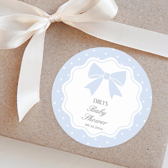 Sticker Rond Pois classique Baby Blue Bow Baby shower garçon (Créateur téléchargé)