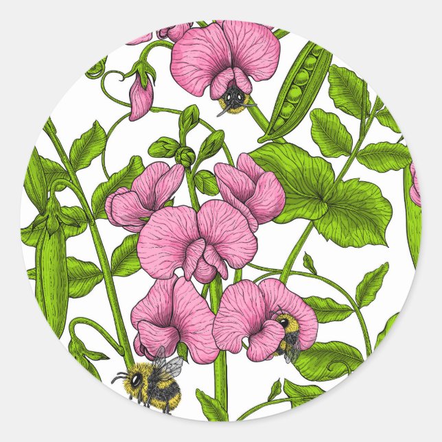 Sticker Rond Pois doux et bourdons, rose, vert et blanc (Devant)