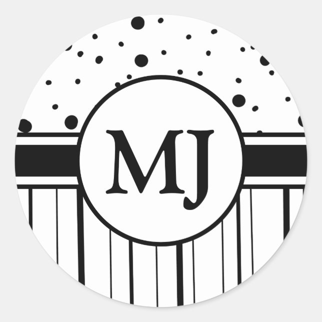 Sticker Rond Pois et rayures noirs noirs monogrammes (Devant)