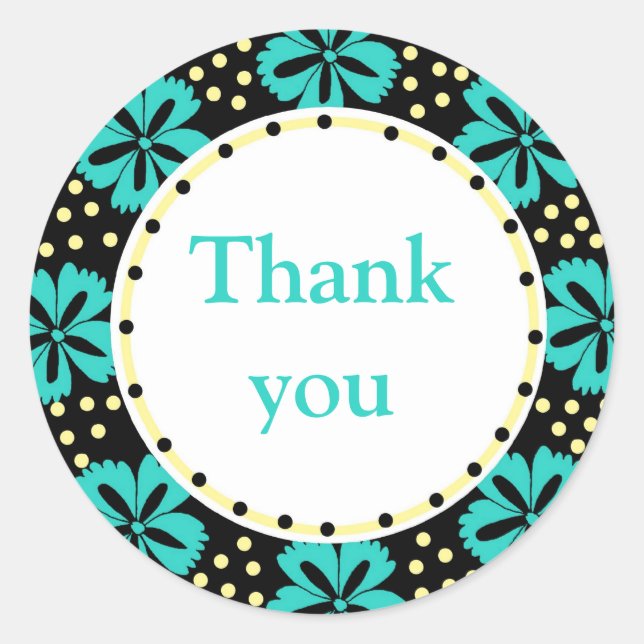 Sticker Rond Pois floraux turquoises : Merci (Devant)