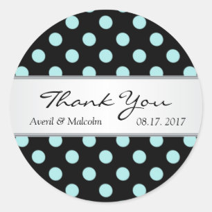 Sticker Rond Pois noir et turquoise épousant le Merci