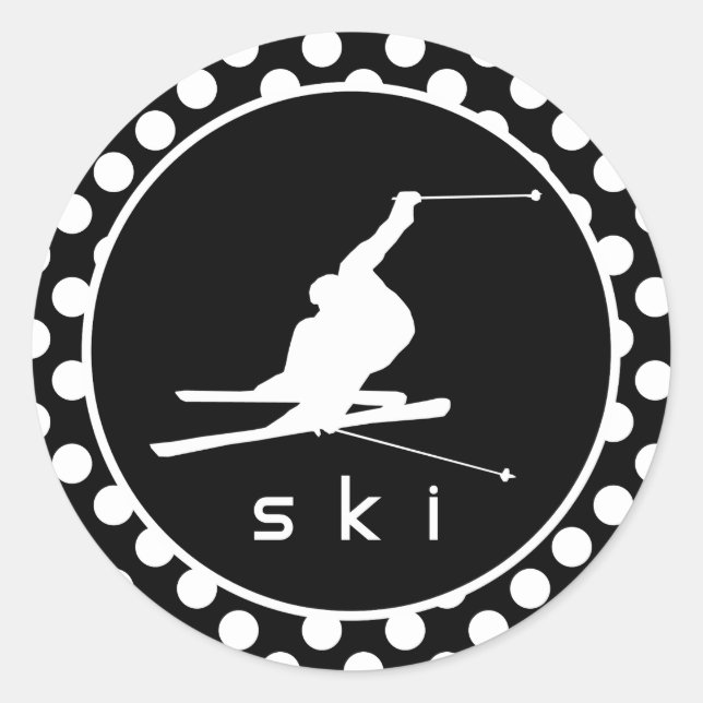 Sticker Rond Pois noirs et blancs ; ski de neige (Devant)
