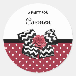 Sticker Rond Pois rouges mignons avec Rose Chevron Bow et nom