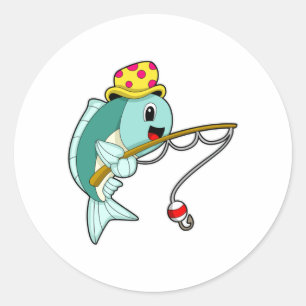 Sticker Rond Poisson à la pêche avec bâton de pêche et Casquett