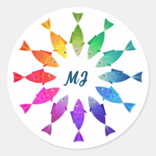 Sticker Rond Poisson arc-en-ciel dans l'océan mignon coloré mot