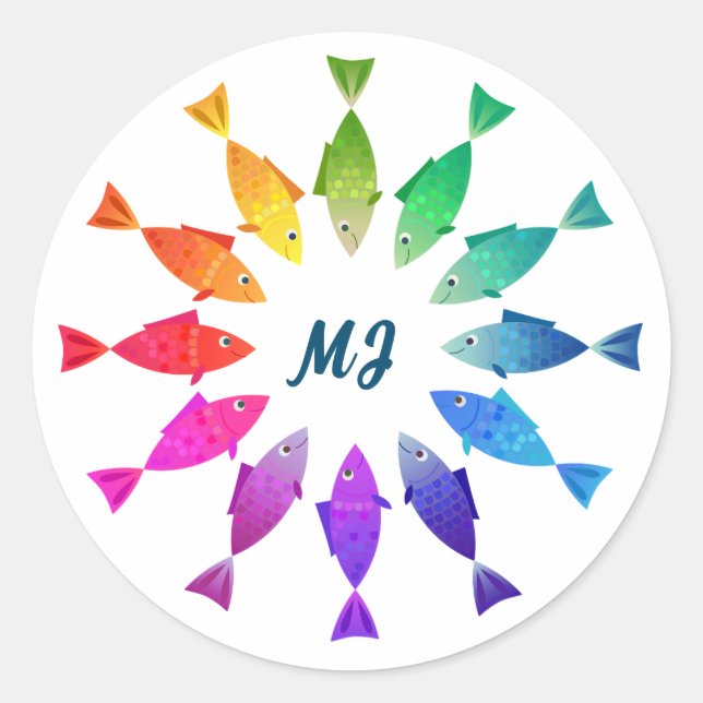 Sticker Rond Poisson arc-en-ciel dans l'océan mignon coloré mot (Devant)