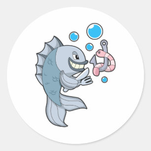Sticker Rond Poisson avec hameçon et ver de poisson