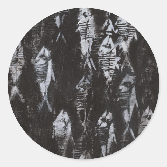 Sticker Rond Poisson blanc fossile sur Arrière - plan noir (Devant)