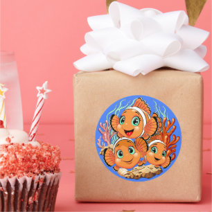 Sticker Rond Poisson clown Dessin animé mignon Famille Sous l'e