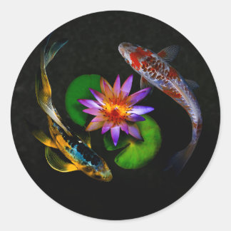 Sticker Rond Poisson Koi autour de Lotus Flower dans un étang Z