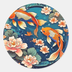 Sticker Rond Poisson Koi vintage sur Indigo