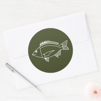 Sticker Rond Poisson noir en blanc sur kaki vert