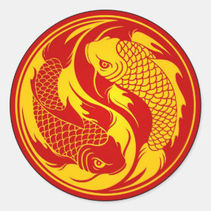 Sticker Rond Poisson rouge et jaune Yin Yang Koi