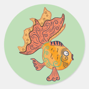 Sticker Rond Poisson rouge fantaisiste d'art folklorique Fant