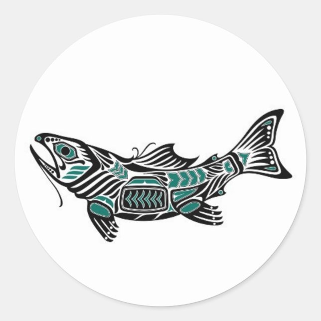Sticker Rond Poisson turquoise bleu et noir Haida Spirit (Devant)