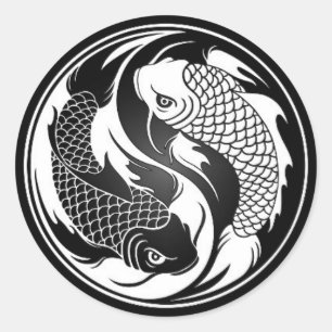 Sticker Rond Poisson Yin Yang Koi blanc et noir