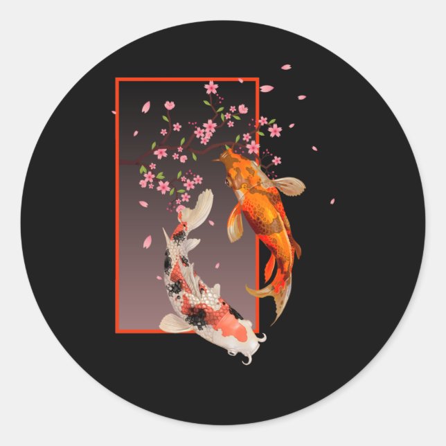 Sticker Rond Poissons et fleurs japonais Koi (Devant)