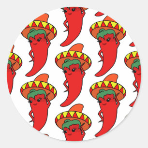 Sticker Rond Poivron Kawaii Rouge Sombrero Mexicain