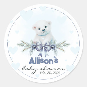 Sticker Rond Polar Bear Cub Boy Blue Hearts Baby shower d'hiver