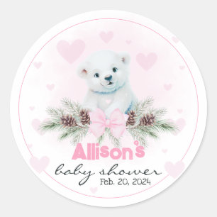 Sticker Rond Polar Bear Cub Girl Coeurs roses Baby shower d'hiv