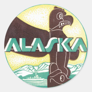Sticker Rond Pôle Totemique de Voyage Vintage d'Alaska Aigle Oi