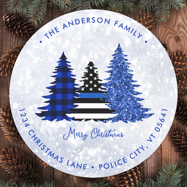 Sticker Rond Police Christmas Blue Holiday Tree Retourner l'adr (Créateur téléchargé)