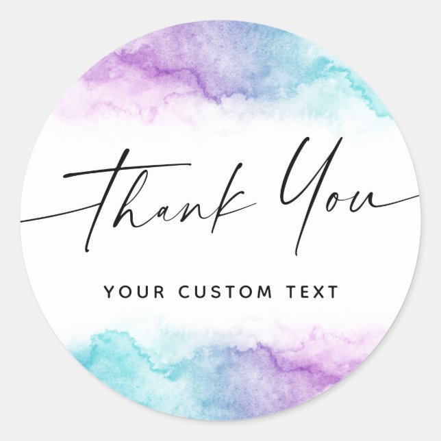 Sticker Rond Police manuscrite merci aqua violet aquarelle (Devant)