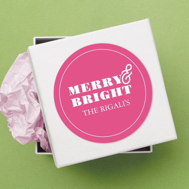 Sticker Rond Police Simple Rose Merry & Bright (Christmas sticker minimalistic bright pink. )