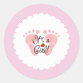 Sticker Rond Polka aux fraises Point C'est une fille Faire-part
