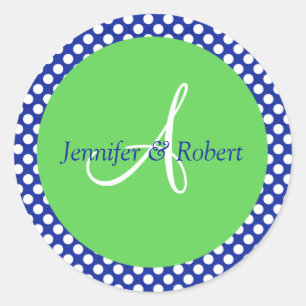 Sticker Rond Polka bleu vert blanc Point Monogramme A Enveloppe